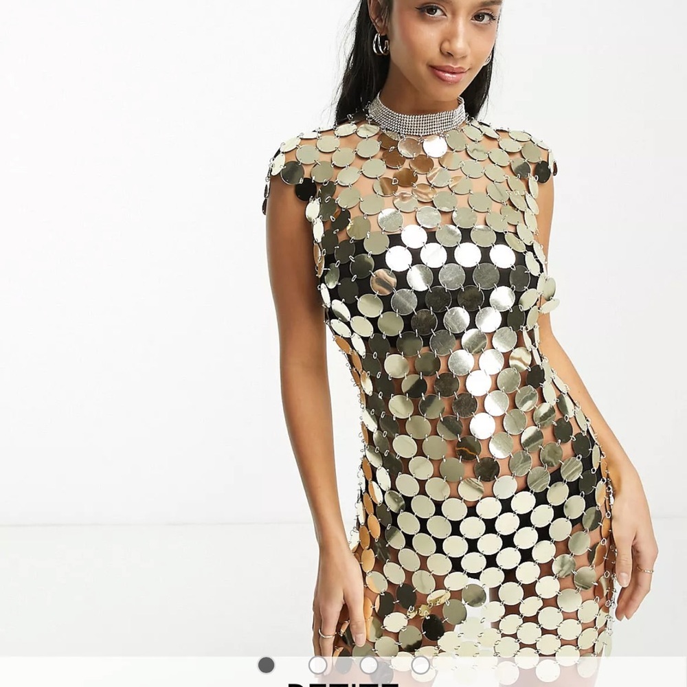 Simmons Petite Embellished Disc Detail Open Back Mini Dress in Gold